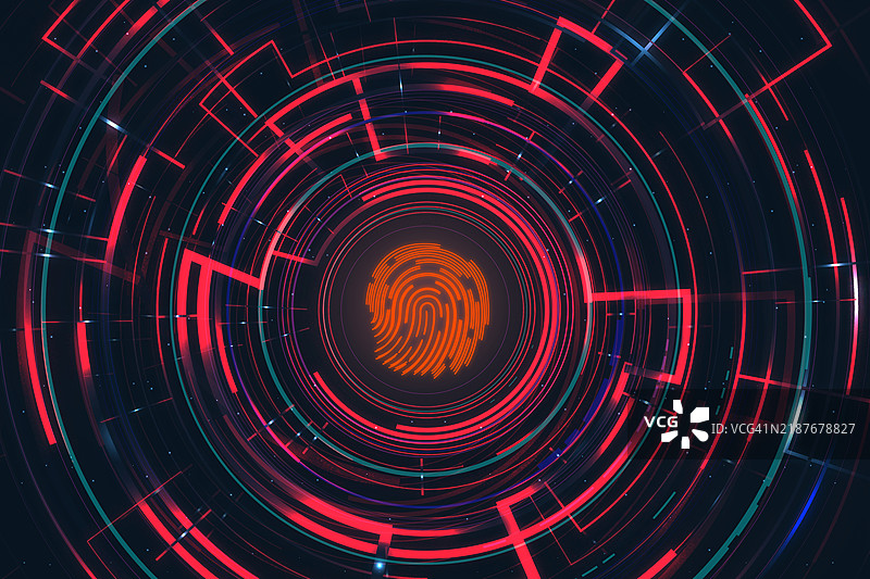 未来数字指纹安全系统，配有红色和橙色全息界面图片素材