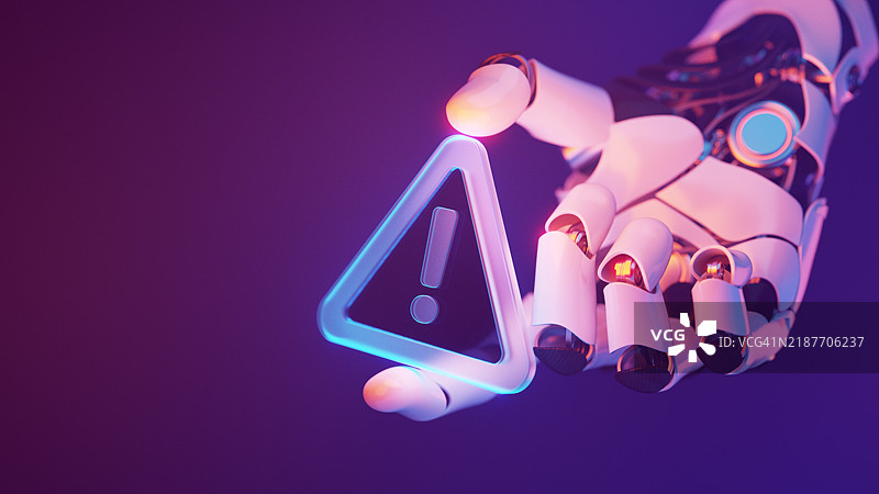 未来主义的机器人手握着发光的警告标志在网络空间中图片素材