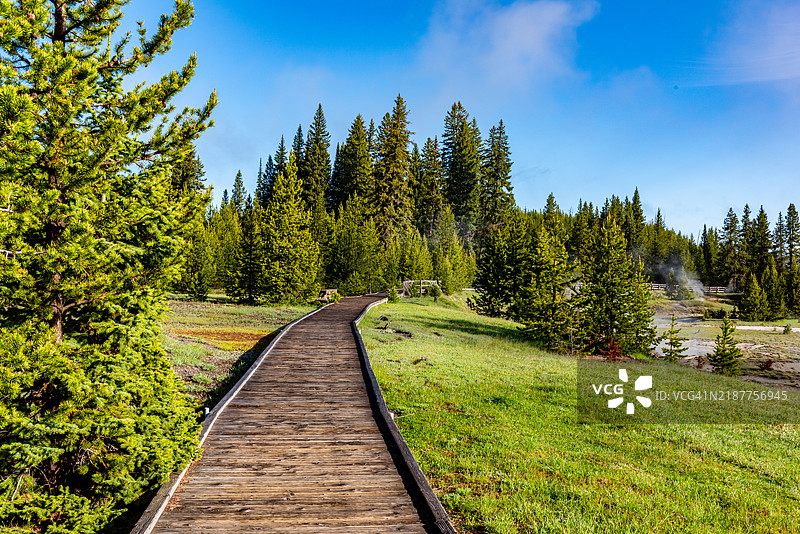 黄石国家公园，怀俄明州，美国的黄石湖和拇指间歇泉景观图片素材
