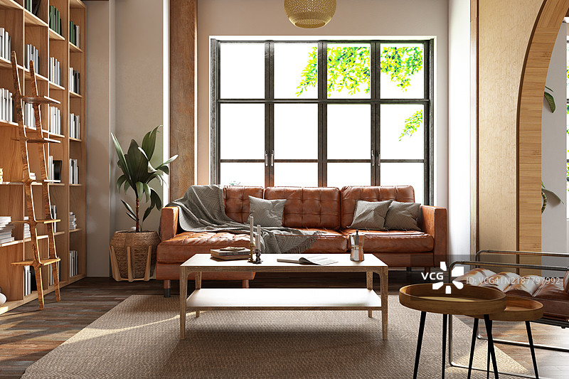 舒适的客厅，配有皮沙发和书房图片素材