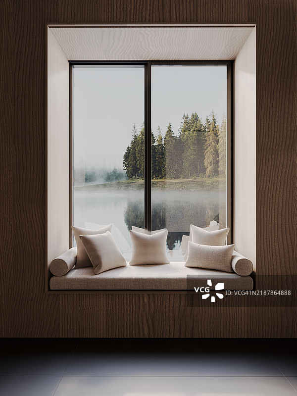 舒适的窗边座位，配有柔软的垫子和湖泊全景。图片素材