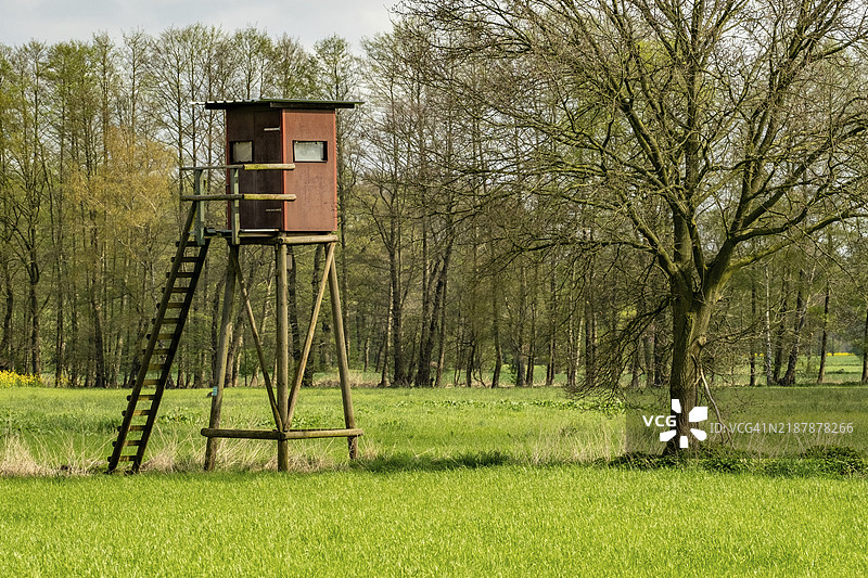 草地上的高架猎人站图片素材