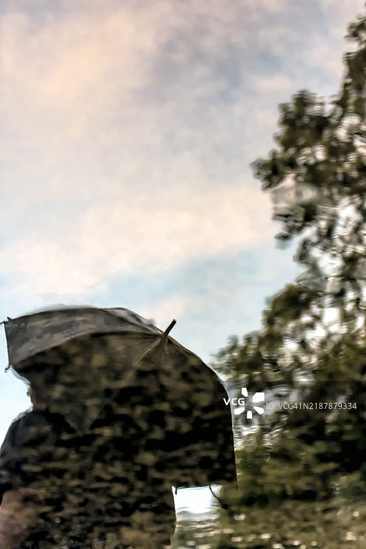 手持雨伞的人在水中的倒影图片素材