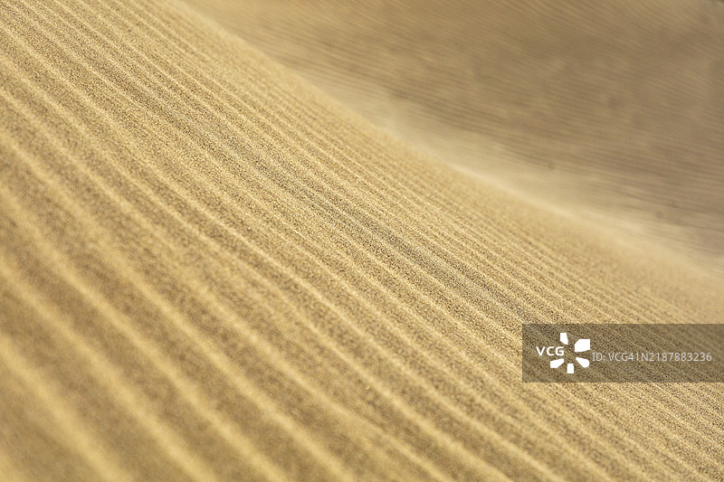 近距离拍摄的沙丘，展现出清晰的起伏纹理和图案，位于西班牙加那利群岛的兰萨罗特岛，欧洲图片素材