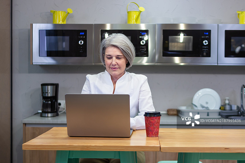 专注的成熟的女商人在办公室休息室使用笔记本电脑图片素材