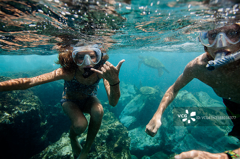 年轻的兄妹在水下与海龟合影图片素材