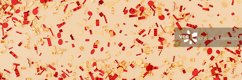 节日贺卡，圣诞横幅。米色背景上的金色、黄色和红色彩纸屑。3D图案，模板，设计元素，留白处可填写文本。圣诞节和新年概念。图片素材