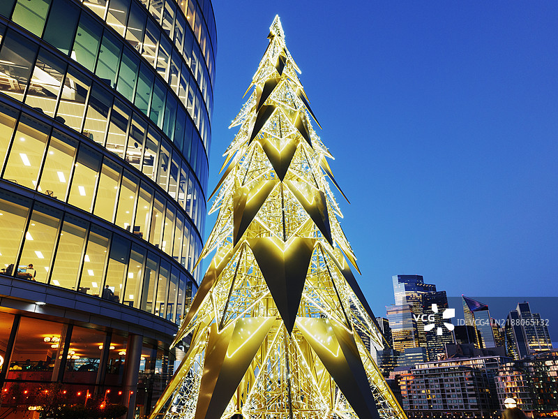 黄昏时分，办公大楼间的圣诞树图片素材