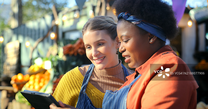 市场、蔬菜和使用平板电脑的女性，小型企业和摊位的库存，阅读和合作。快乐的企业家和使用应用程序进行财务报告的朋友们。图片素材