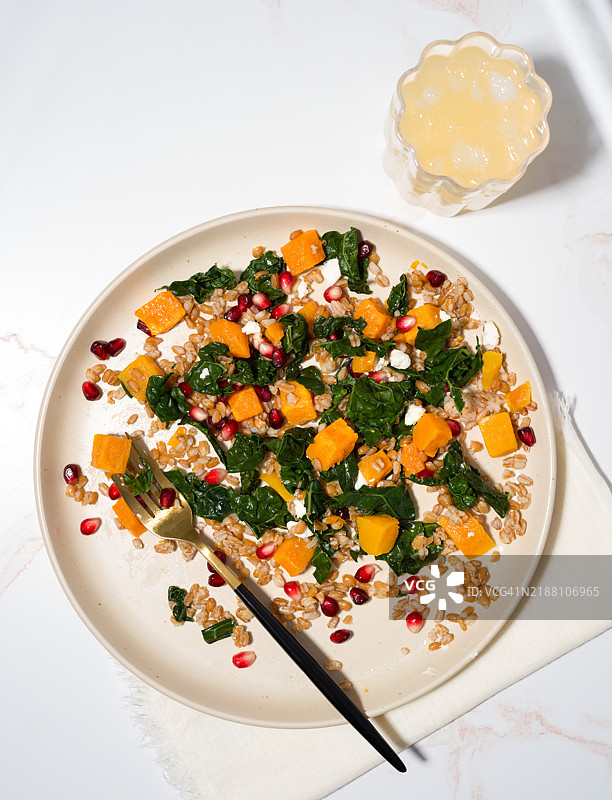 秋季沙拉，配有法罗谷物、南瓜、羽衣甘蓝、种子和山羊奶酪，地中海饮食，留白，弗吉尼亚州马纳萨斯，美国图片素材