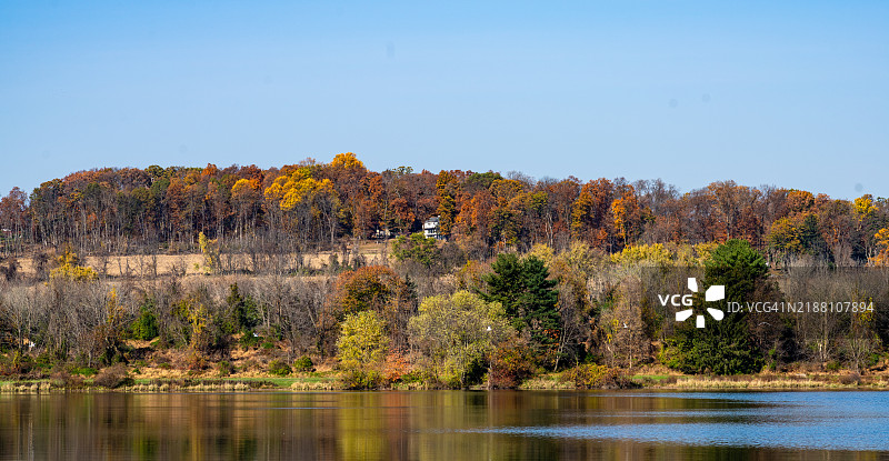 秋天，宾夕法尼亚州多伊尔斯敦湖边的树木与天空相映。图片素材