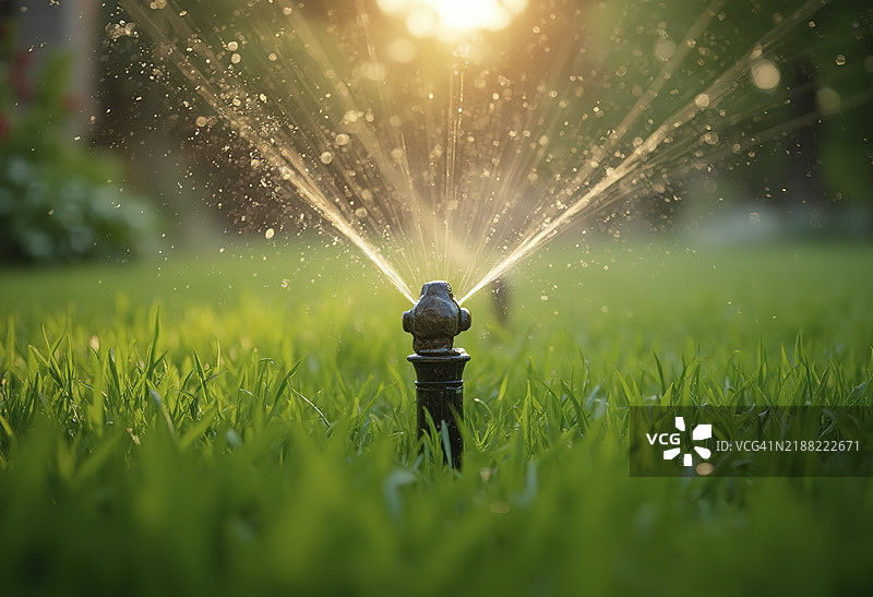 一片郁郁葱葱的绿色草坪特写，前景中可见喷头，暗示着户外花园或庭院环境。图片素材