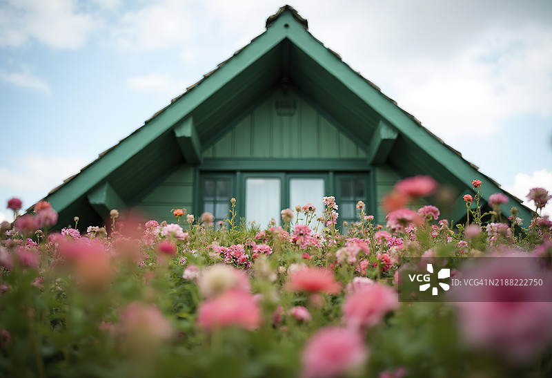一栋具有独特建筑设计的建筑物绿色三角屋顶的特写视图图片素材