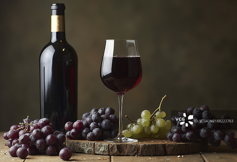一杯红酒与一瓶酒和葡萄放在木板上图片素材
