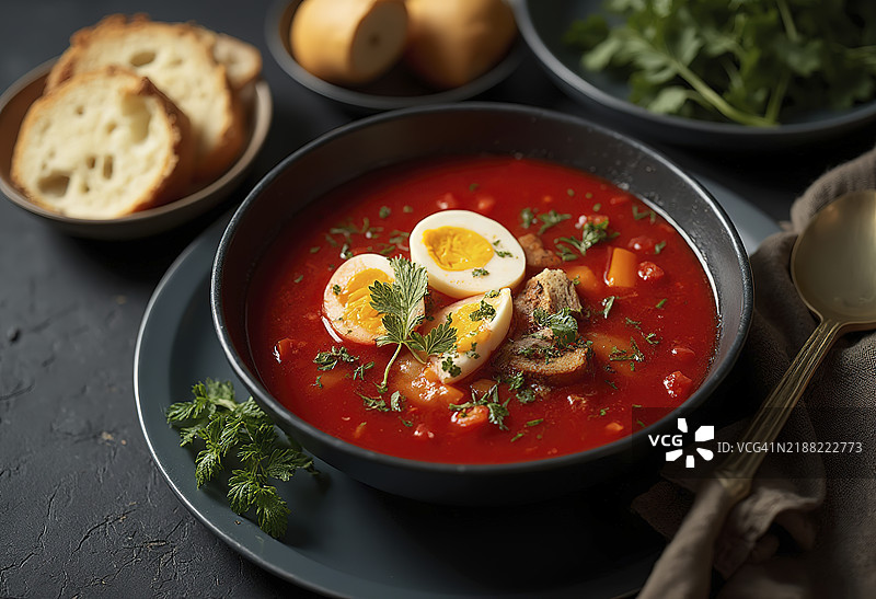 一碗热气腾腾的红菜汤，配有煮鸡蛋、柠檬片和面包，背景为深色。图片素材