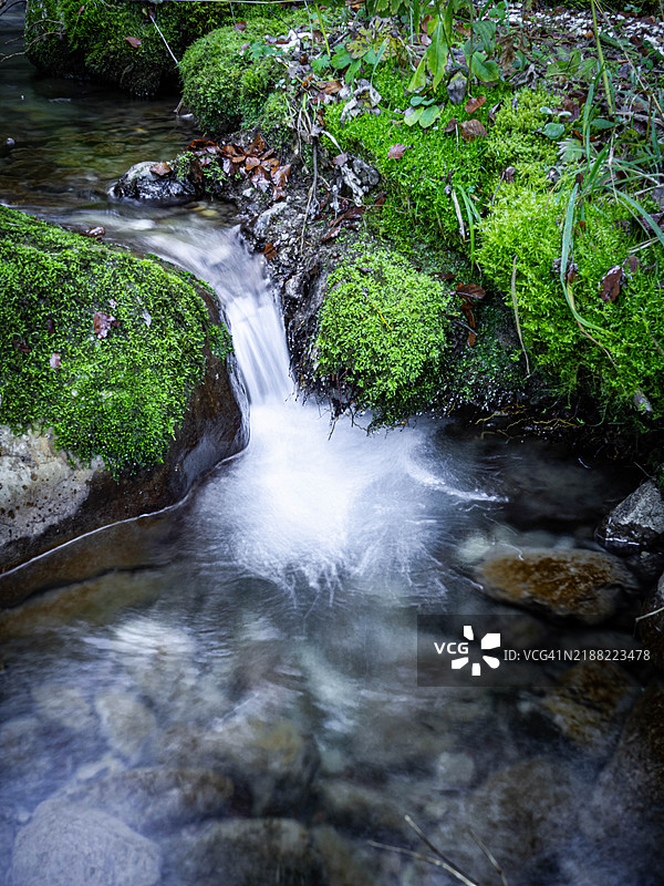 森林中瀑布的高角度视图图片素材