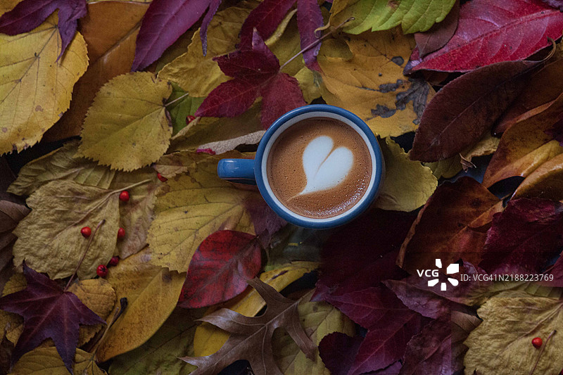 土耳其桌子上的咖啡杯与叶子的高角度视图图片素材