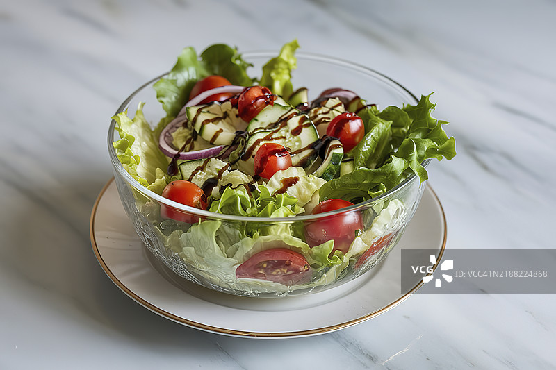 一个装满生菜沙拉的玻璃碗图片素材