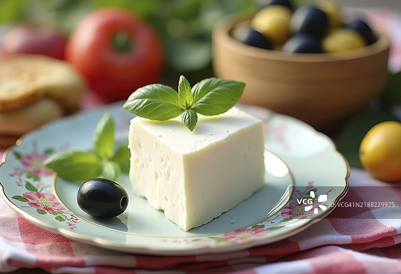 一片菲达奶酪放在盘子上，装饰着新鲜的罗勒叶和黑橄榄，背景中有一碗橄榄。图片素材