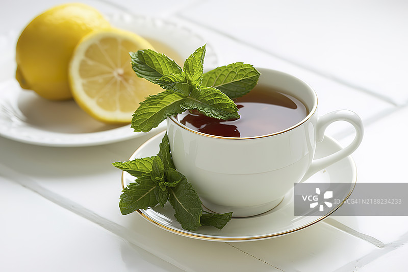 一只装满茶的白色杯子，配有新鲜薄荷叶和一片柠檬。图片素材