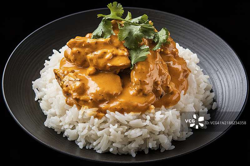 一盘蒸白米饭，上面放着咖喱鸡。图片素材