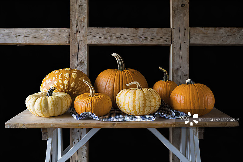 一张桌子上的各种南瓜照片，南瓜的大小、纹理和颜色各不相同。图片素材