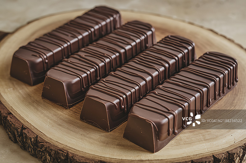 木桌上的巧克力棒特写图片素材