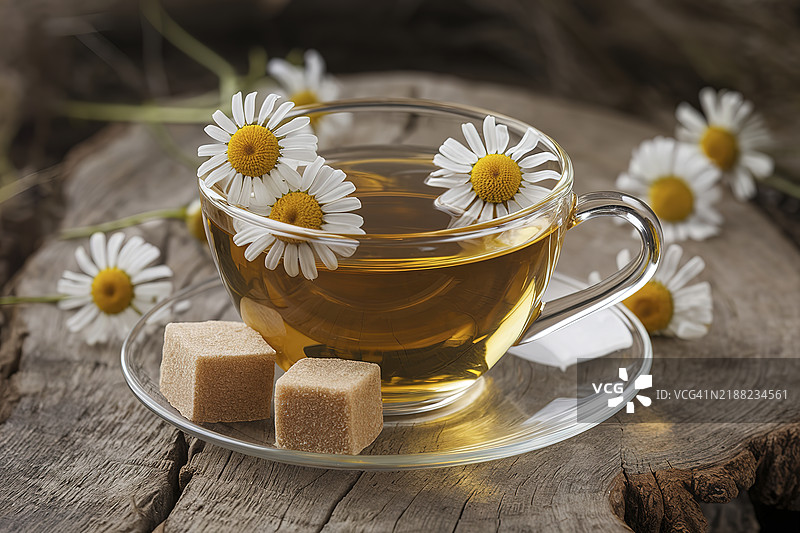 一张宁静的照片，透明玻璃杯中盛满了茶。图片素材