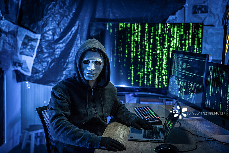 黑客抵达隐藏的地下避难所，准备对网站发起DDoS攻击。网络犯罪分子在公寓中开始编写可以瘫痪企业服务器的脚本。图片素材