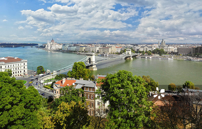 链桥与多瑙河及远处的匈牙利国会大厦，布达佩斯，匈牙利图片素材