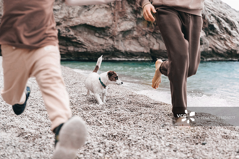 年轻父亲、小男孩和狗在沙滩上奔跑，背景是美丽的岩石纹理。图片素材