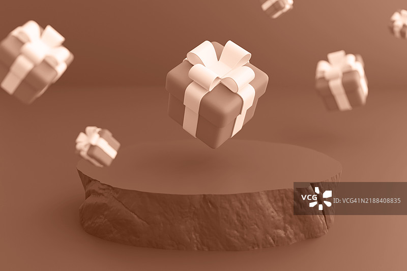 漂浮的礼品盒，带有丝带。2025年流行色调。摩卡慕斯色样本。图片素材