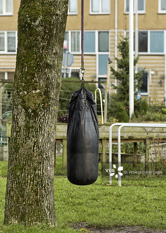 黑色拳击袋悬挂在连接到树上的钢链上图片素材