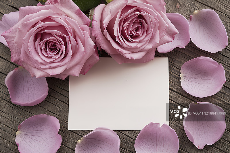 粉色玫瑰及其花瓣孤立在木质背景上图片素材