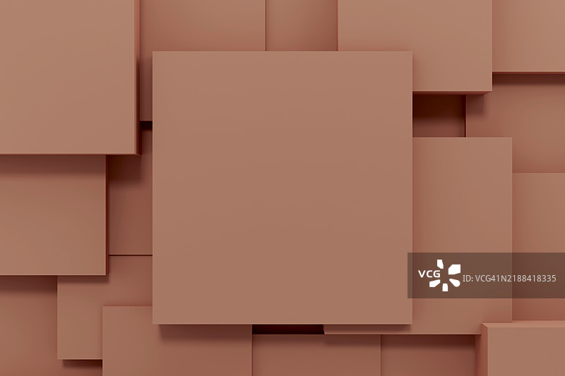 2025年潘通色彩：摩卡慕斯色，米色和棕色的平台，文本的基座，立方体，方形背景。抽象的3D图案。几何构图。留白。设计元素。图片素材