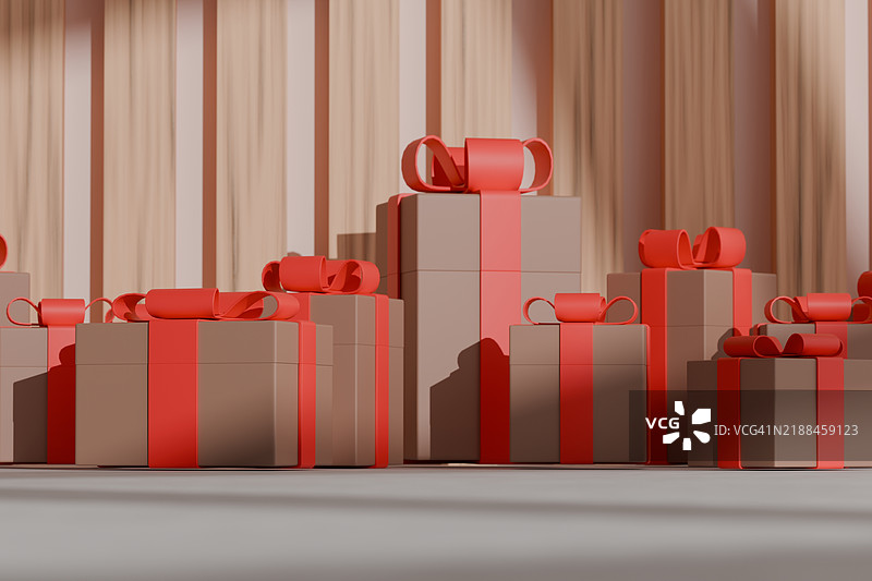 现代环境中的红丝带礼品盒。2025年流行色调。摩卡慕斯色样。图片素材