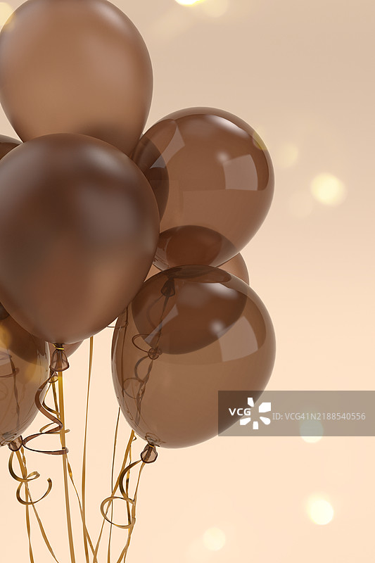 节日背景，哑光和光泽的咖啡棕色气球漂浮在柔和的桃色背景上，留有空白空间。图片素材