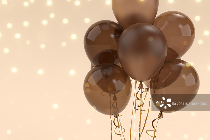 节日背景，哑光和光泽的咖啡棕色气球漂浮在柔和的桃色背景上，留有空白空间。图片素材