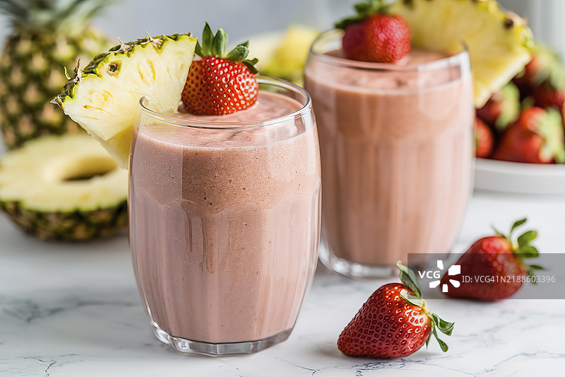 两杯装满新鲜菠萝草莓冰沙的照片图片素材
