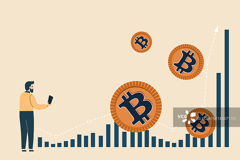 一幅关于加密货币投资的插图概念，描绘了一名男子在智能手机上交易比特币，背景有比特币价值上升的柱状图和比特币硬币的抽象视觉效果。图片素材