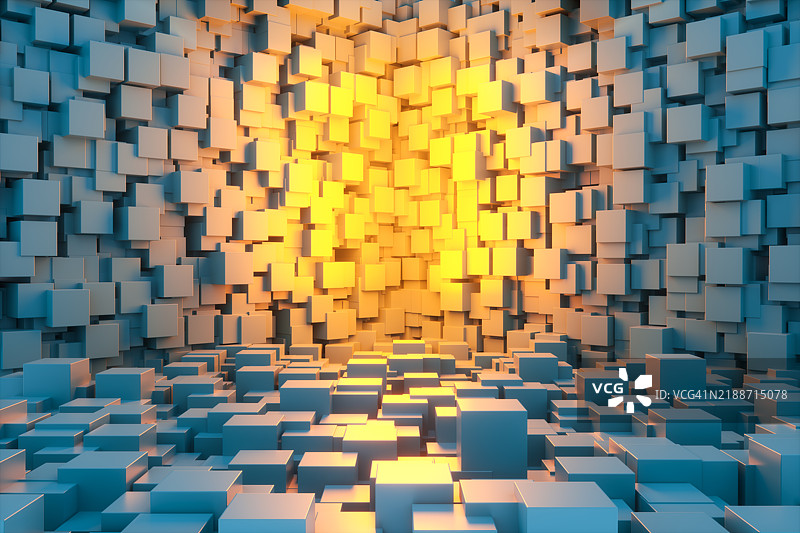 由立方体组成的抽象空间，3D渲染。图片素材