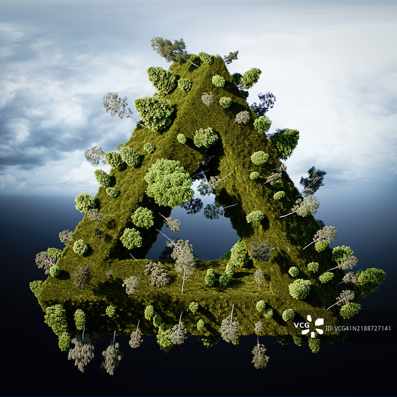 绿色彭罗斯三角形的幻觉，背景是郁郁葱葱的森林和天空图片素材