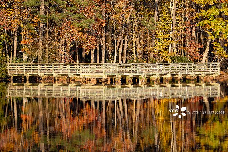 纽波特纽斯的沙底湖秋季倒影图片素材