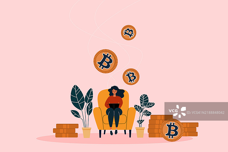 一幅关于加密货币投资的插图，描绘了一位放松的女性在家中舒适地使用笔记本电脑交易比特币，象征着比特币的可及性如何赋予人们在任何地方创造财富的能力。图片素材