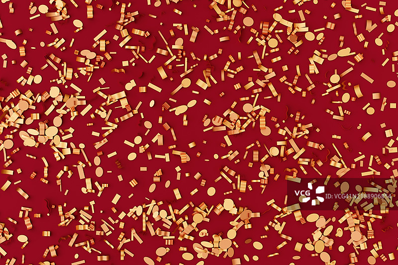 节日横幅，贺卡圣诞背景。红色背景上的金色和黄色彩带。3D图案，模板，设计元素，留白处可放置文字。圣诞节和新年概念。图片素材