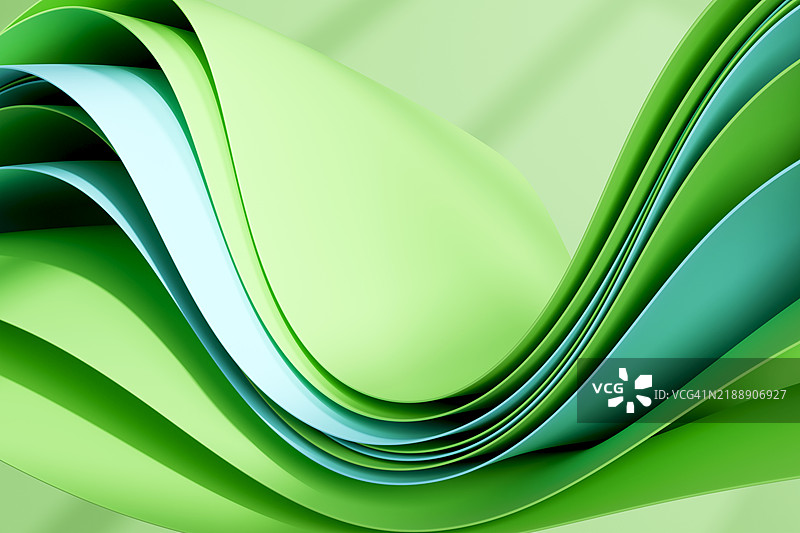 抽象的波浪状分层绿色和蓝色背景。美丽的3D自然图案。设计元素。几何构图。生态和环境保护的概念。图片素材