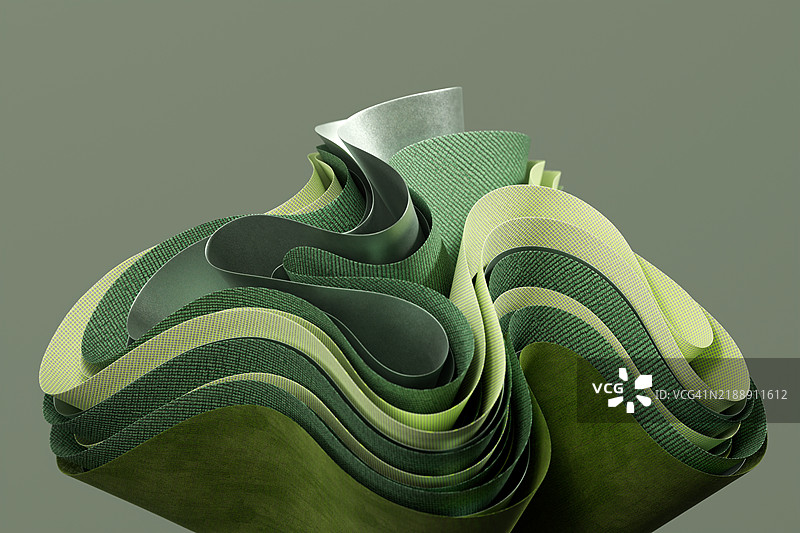 优雅流动和折叠的抽象绿色和银色丝带，创造出现代而可持续的设计图片素材