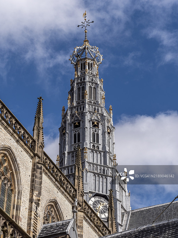 哈勒姆市中心的圣巴沃大教堂（德格罗特或圣巴沃教堂）及其壮观的65米高的圆顶，位于北荷兰的哈勒姆老城的格罗特市场。图片素材