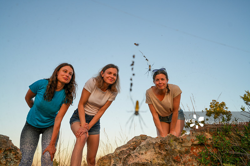 三位年轻女性在观察大红腿金蛛，马达加斯加。图片素材