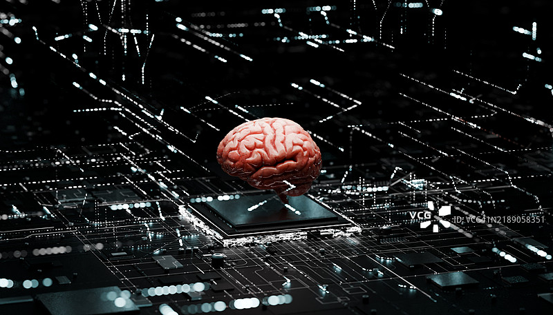 未来派大脑符号位于高科技电路之上图片素材